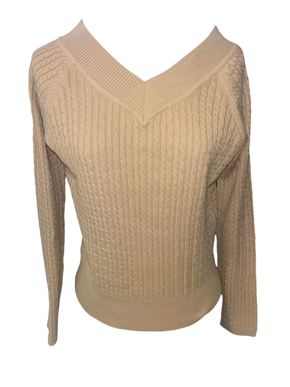 Talbots Petites Tan Beige Cable-Knit Scoop Neck Sweater